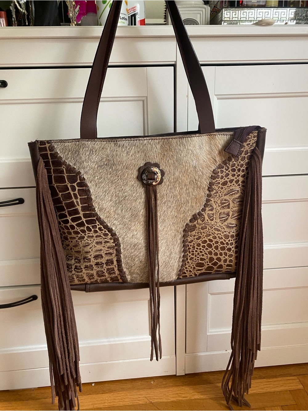 Ariat Brown Tan Faux-Hide Fringe Tote